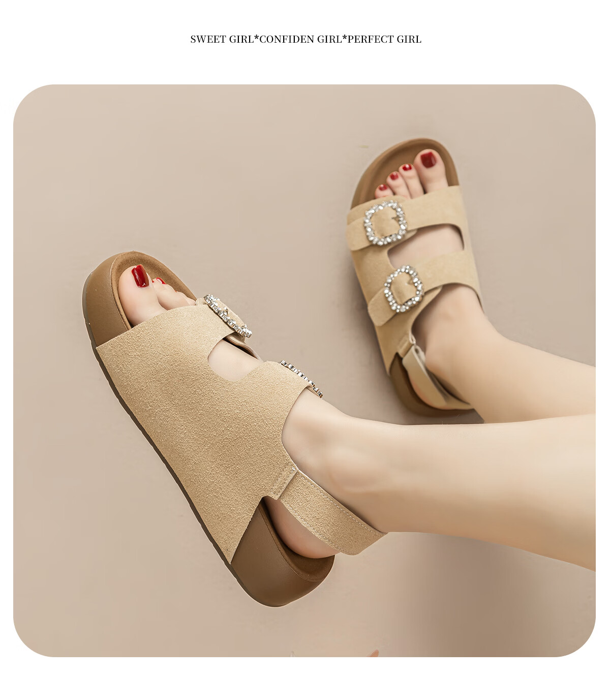 Warrior Birkenstock Women's Summer Sandals Outdoor Beach Shoes Square Buckle Rhinestone Casual Thick Sole Slippers Beige Size 38 13