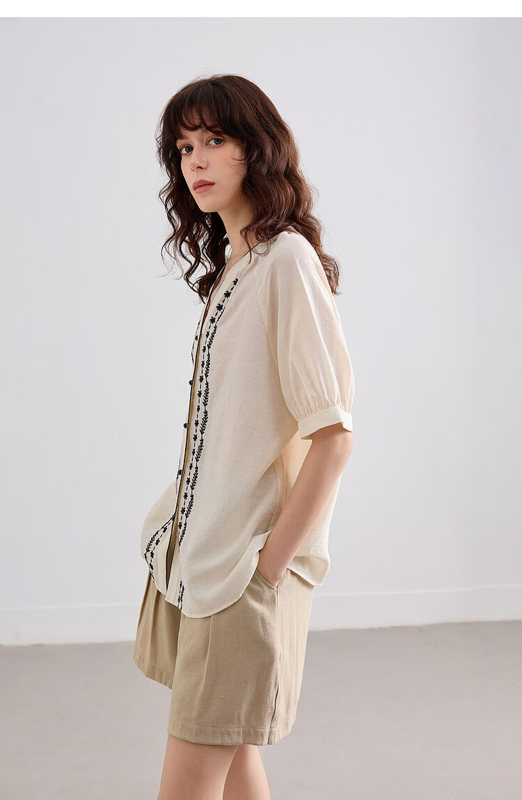 Demana Ethnic Style Color-Block Embroidered Shirt Women Summer New Literary V-Neck Loose Short Sleeve Top 16