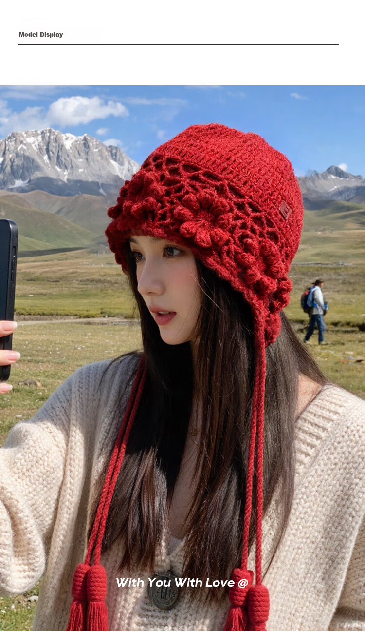 Zhenxiang Women's Spring Autumn Woolen Hat Flower Hand-Crocheted Knit Hat Travel Photo Outfit Valentine's Day Gift Z868 11