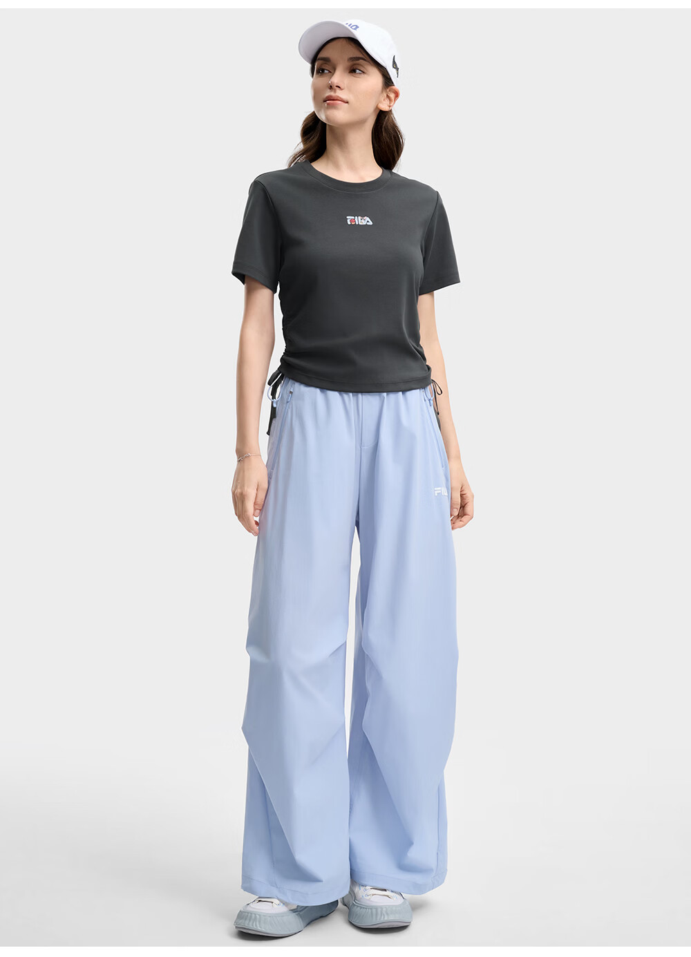 FILA Yang Mi Same Style Knitted Short Sleeve Shirt Women 2026 Summer Side Drawstring Fashion Casual Embroidered Logo Slim T-Shirt 41