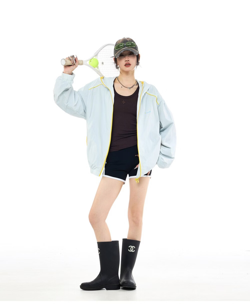 ICH MODE Colorblock Physical Sunscreen Jacket Women Spring Summer New Hooded UV Protection Coat Light Blue M 10