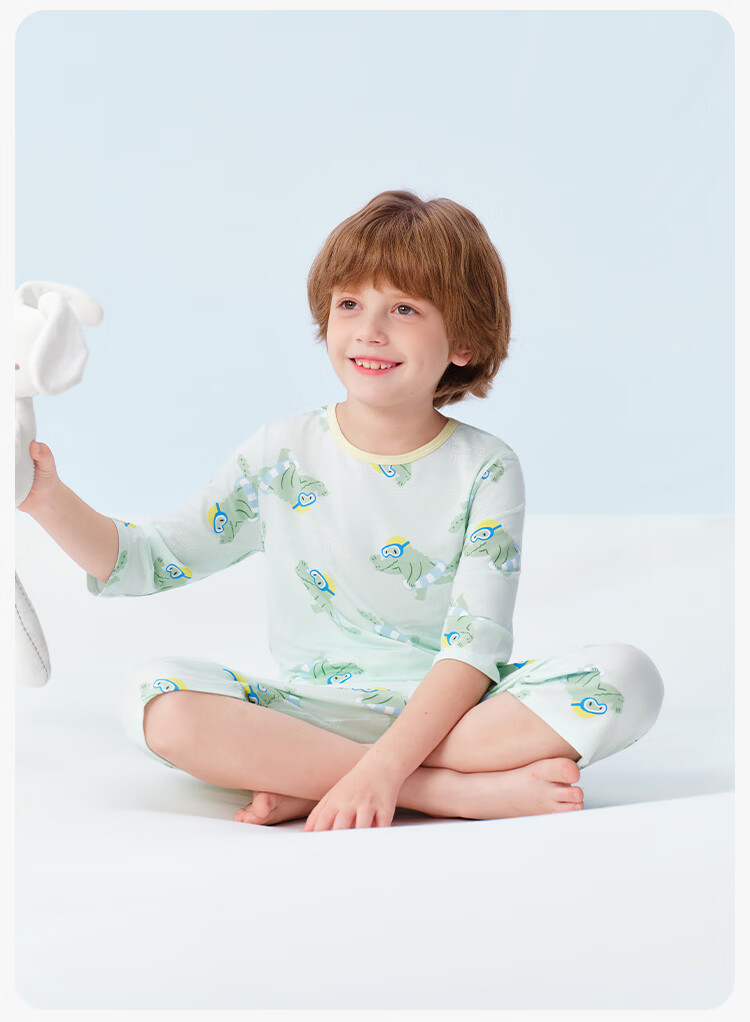 YEEHOO Children's Tencel Modal Boys' Pajamas, Kids' Summer Thin Short-Sleeve Sleepwear, Children's Loungewear, Size 140 20