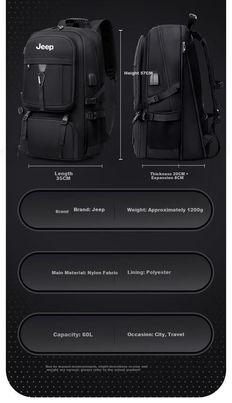 JEEP Men's Large Capacity Travel Backpack Commuter Business Short Trip Laptop Bag Outdoor Hiking Backpack 22