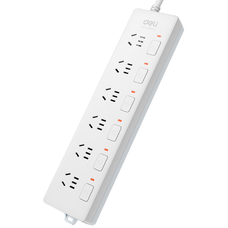 Deli 3C Certified National Standard Power Strip/Extension Cord/Surge Protector with Child Safety Lock, 6 Individual Switches, 2 Meters Long, 3980(02)