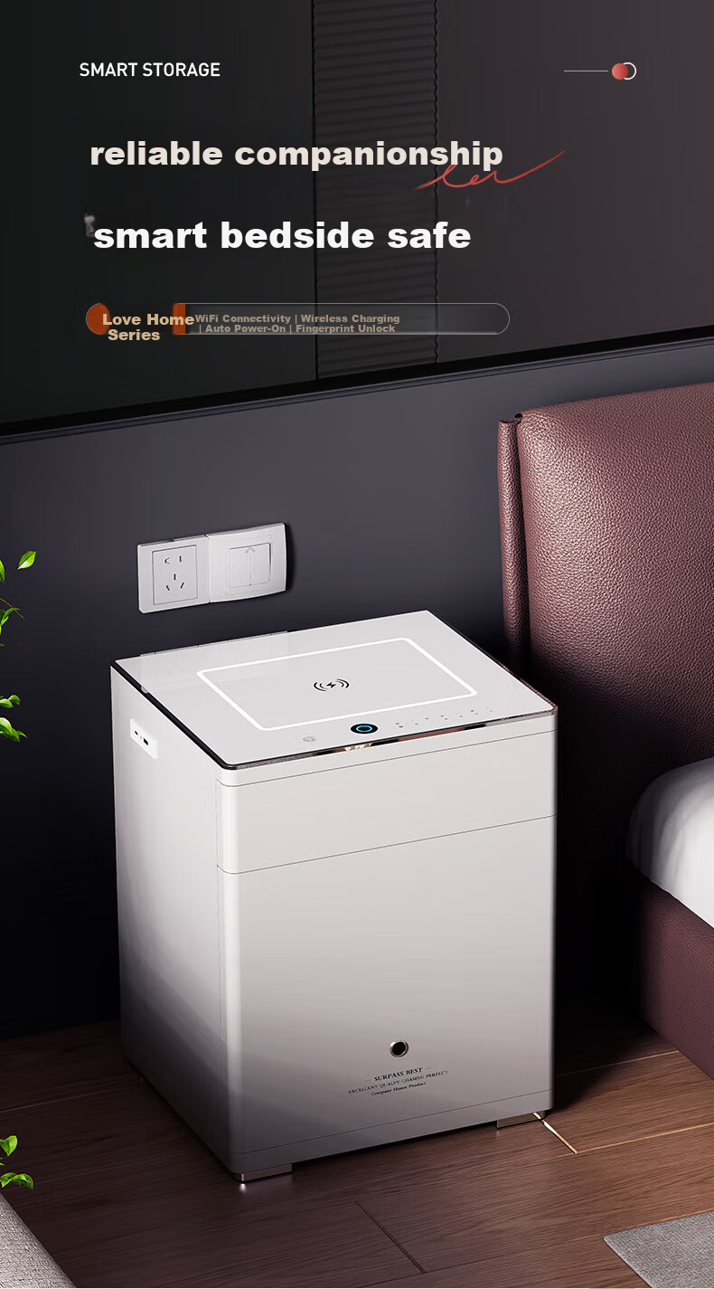 Tiger Brand Home Smart Bedside Safe Small All-Steel Integrated Hidden Anti-Theft Anti-Move Jewelry Storage Cabinet Elegant White Drawer Wireless Charging WIFI Unlock 1
