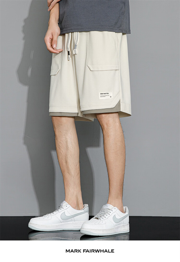 MARK FAIRWHALE Men's Casual Summer Lightweight Loose Fit Student Sports Ice Silk Five-Point Shorts Beige M 22