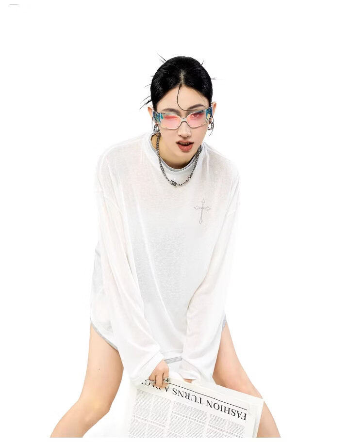 ICH MODE Women's Summer Physical Sun Protection Layered Look Lyocell Cooling Long Sleeve T-Shirt, Casual Top, Off-White, Size M 6