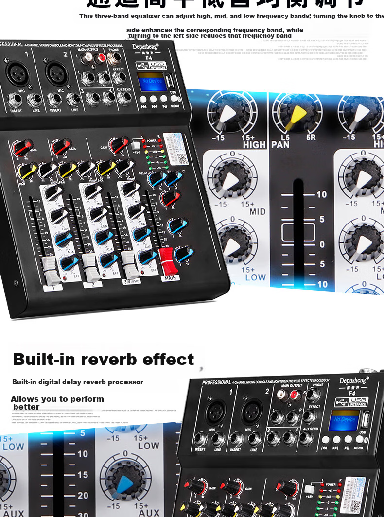 Depusheng Professional 4-Channel Mixer USB Sound Card Bluetooth U Disk Equalizer Reverb Portable F4 for Computer Recording Home KTV Singing Online Video Conference Live Streaming 4
