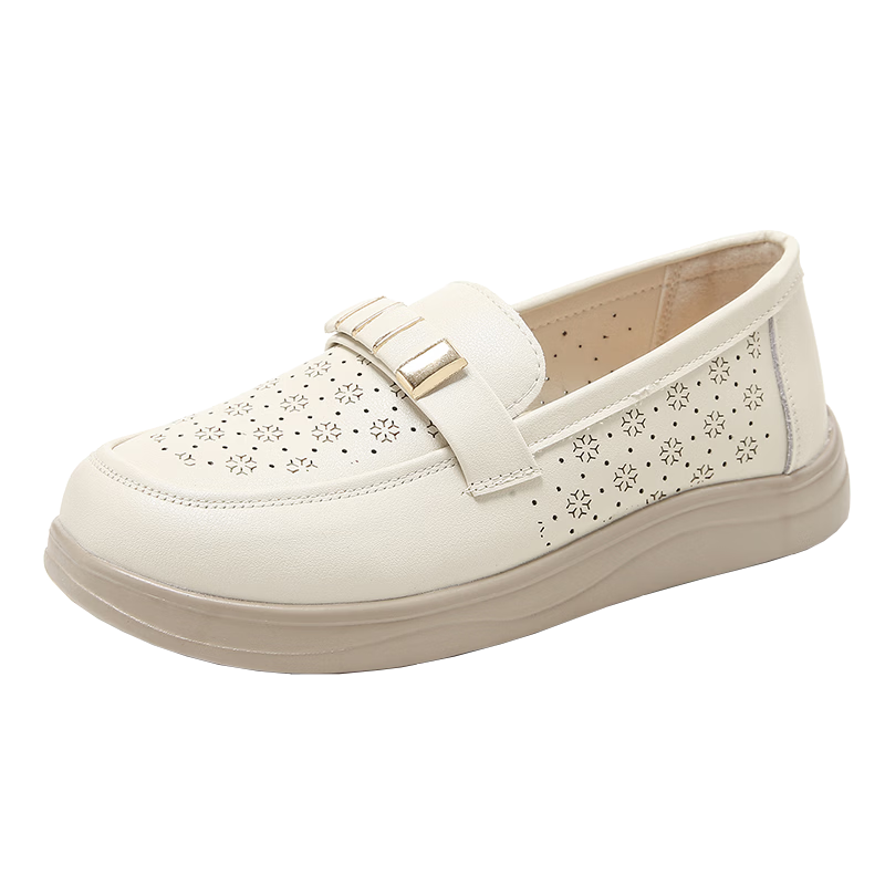 Zulijian Women's Breathable Non-Slip Middle-Aged Summer Soft Sole Genuine Leather Sandals 9048 Beige Size 39