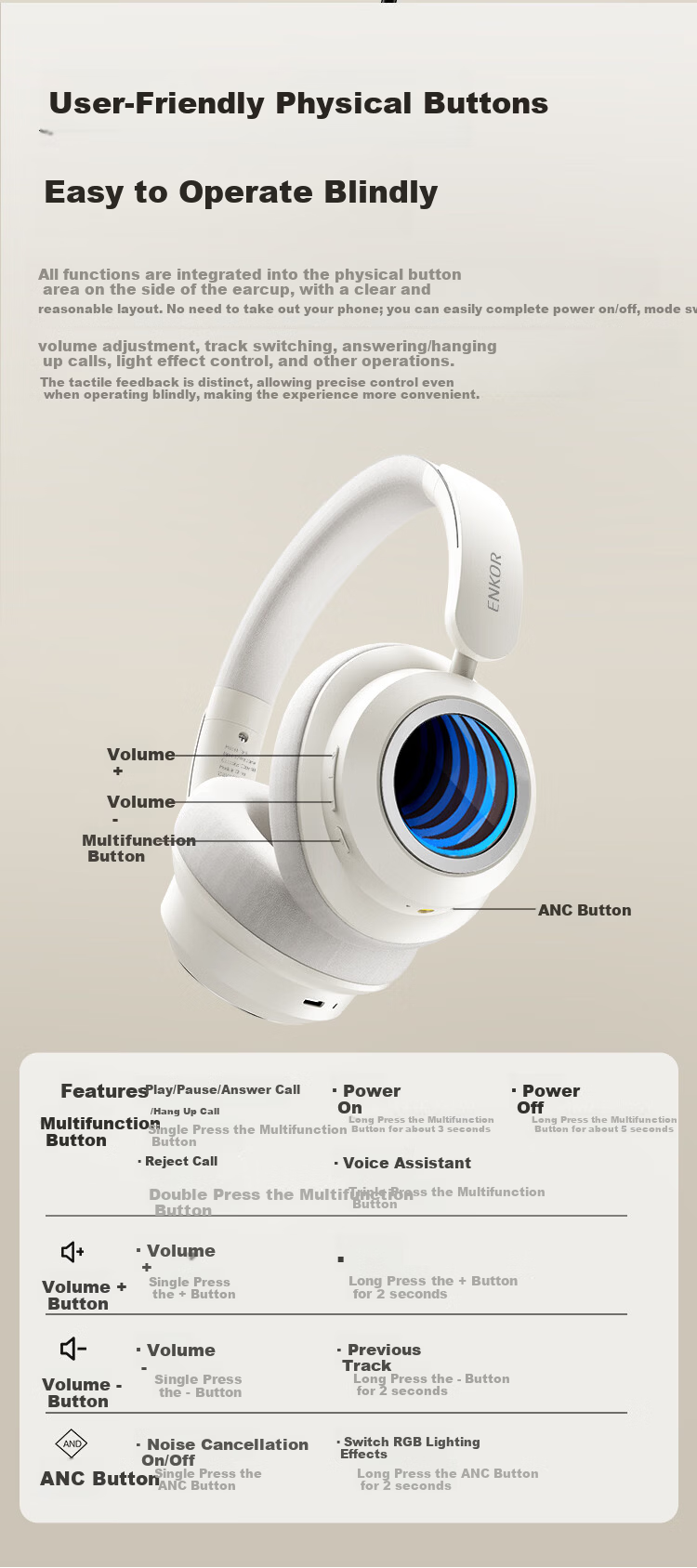 ENKOR EM9 Over-Ear Bluetooth Headphones Active Noise Cancelling 2026 Latest Wireless Music Wired Computer Gaming Deep Abyss Mirror RGB Lighting Ultra-Long Battery Life 9