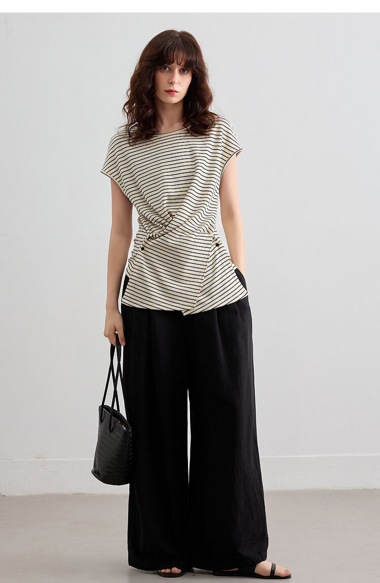 Demana [Mianyun Xiaoqi] Summer Simple Style Colorblock Striped Twist Round Neck Slim Fit Women's T-Shirt 17