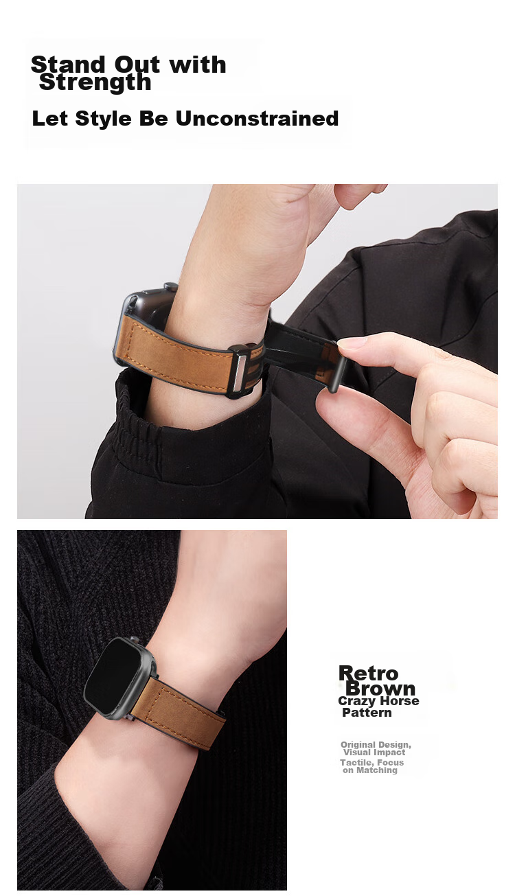 MSSM Compatible Apple Watch Band, Apple Watch Crazy Horse Pattern Magnetic Buckle Genuine Leather IWatch Strap S12/11/ultra4/S10/9/8/SE3, Dark Brown, 38-42 14