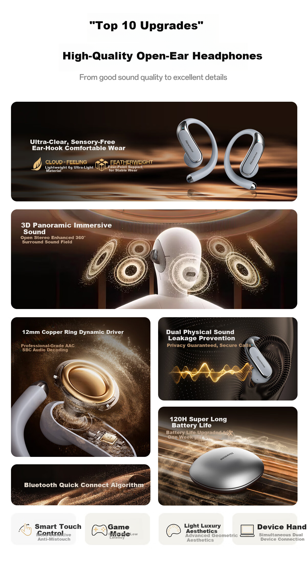 Newmine LY65 Bluetooth Earphones Upgraded Bone Conduction Open-Ear Wireless Sports Headset Noise Cancelling Long Battery Life Pearl White 1
