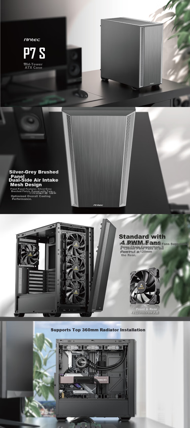Antec P7 S Advanced Edition Mid-Tower PC Case Silent Side Panel Noise Reduction with 4 PWM Fans Three-Sided Sound Absorption Supports 360mm Water Cooling 1