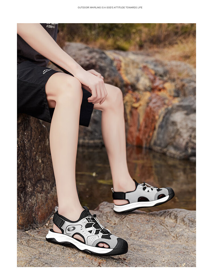 Warrior Men's Summer Breathable Mesh Sandals Closed-Toe Casual Beach Shoes Versatile Outdoor Sandals 1794 Beige Black Size 43 17