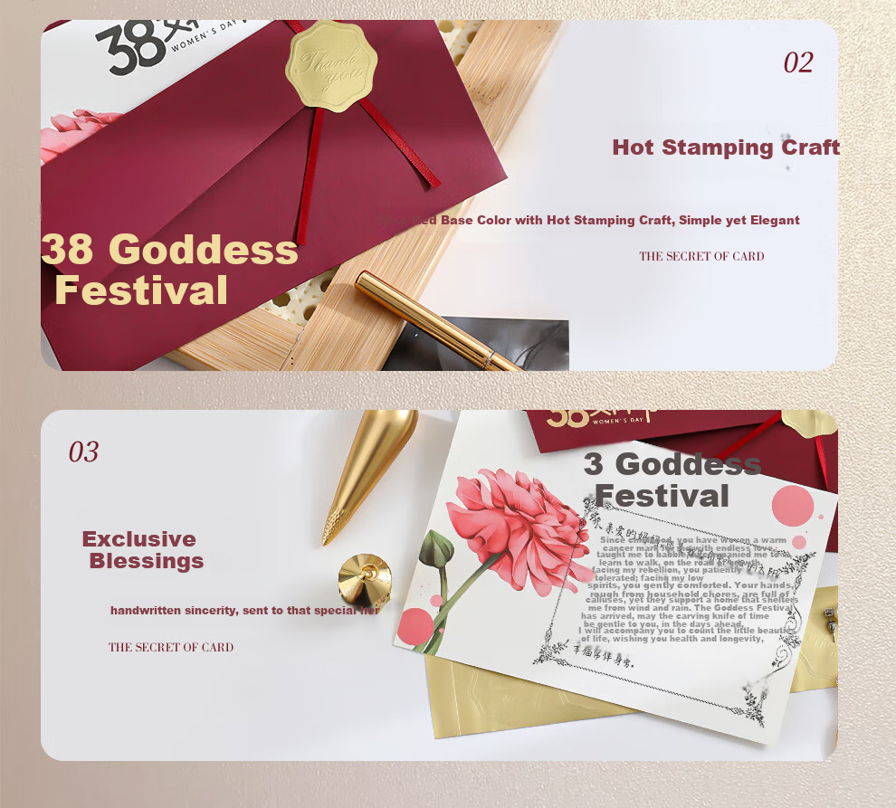 Longe Women's Day Greeting Cards DIY Handwritten Gold Foil Premium 38 Festival Envelope Set (2 Pieces) 9