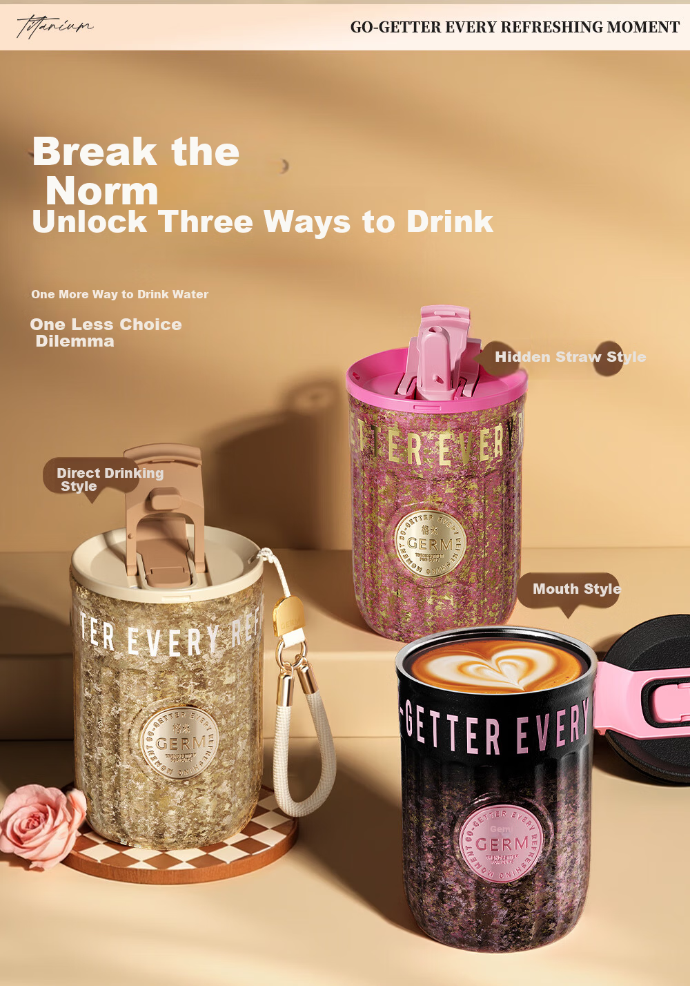 Germ Pure Titanium Insulated Double-Drink Straw Coffee Cup Women's Gift Water Bottle Gift Box Titanium Cup 400ML Gold Trim 9