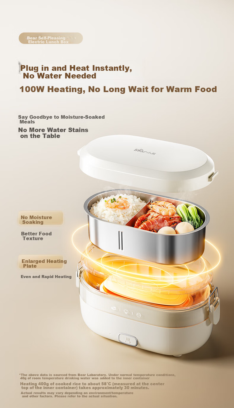 Bear Electric Lunch Box Self-Heating Lunch Box No Water Needed Plug-in Heating 316L Stainless Steel 1L DFH-N10F6 6