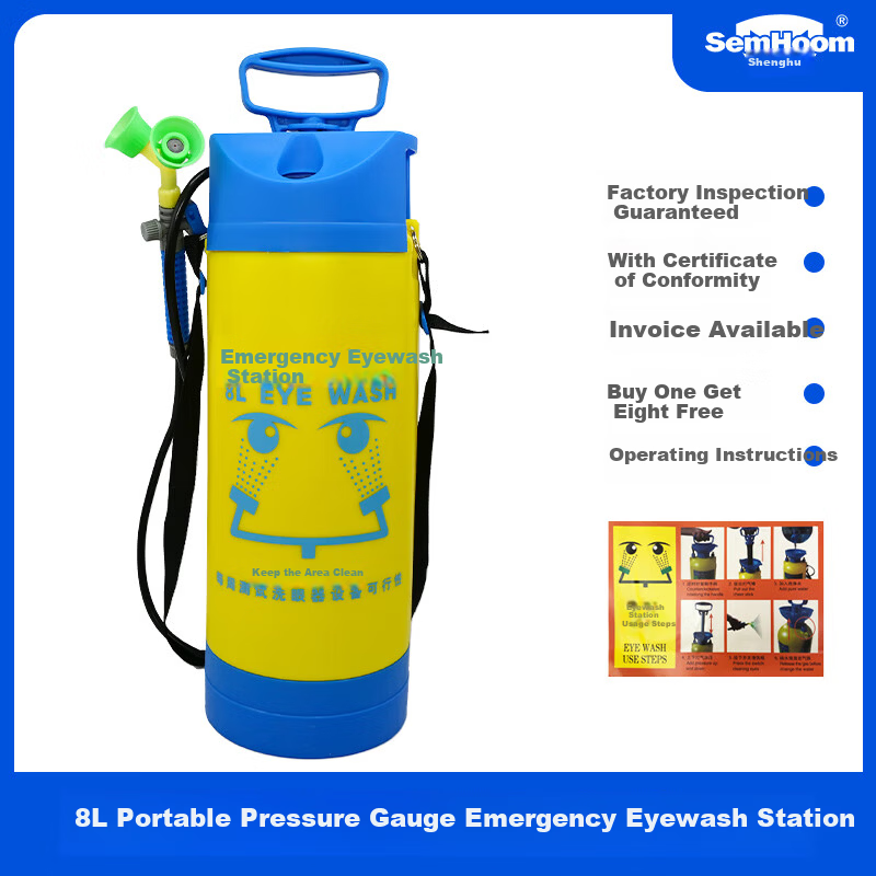 SEMHOOM Industrial Factory Inspection Eyewash Station Portable Cart Emergency Shower Eyewash 8L Portable Eyewash with Pressure Gauge