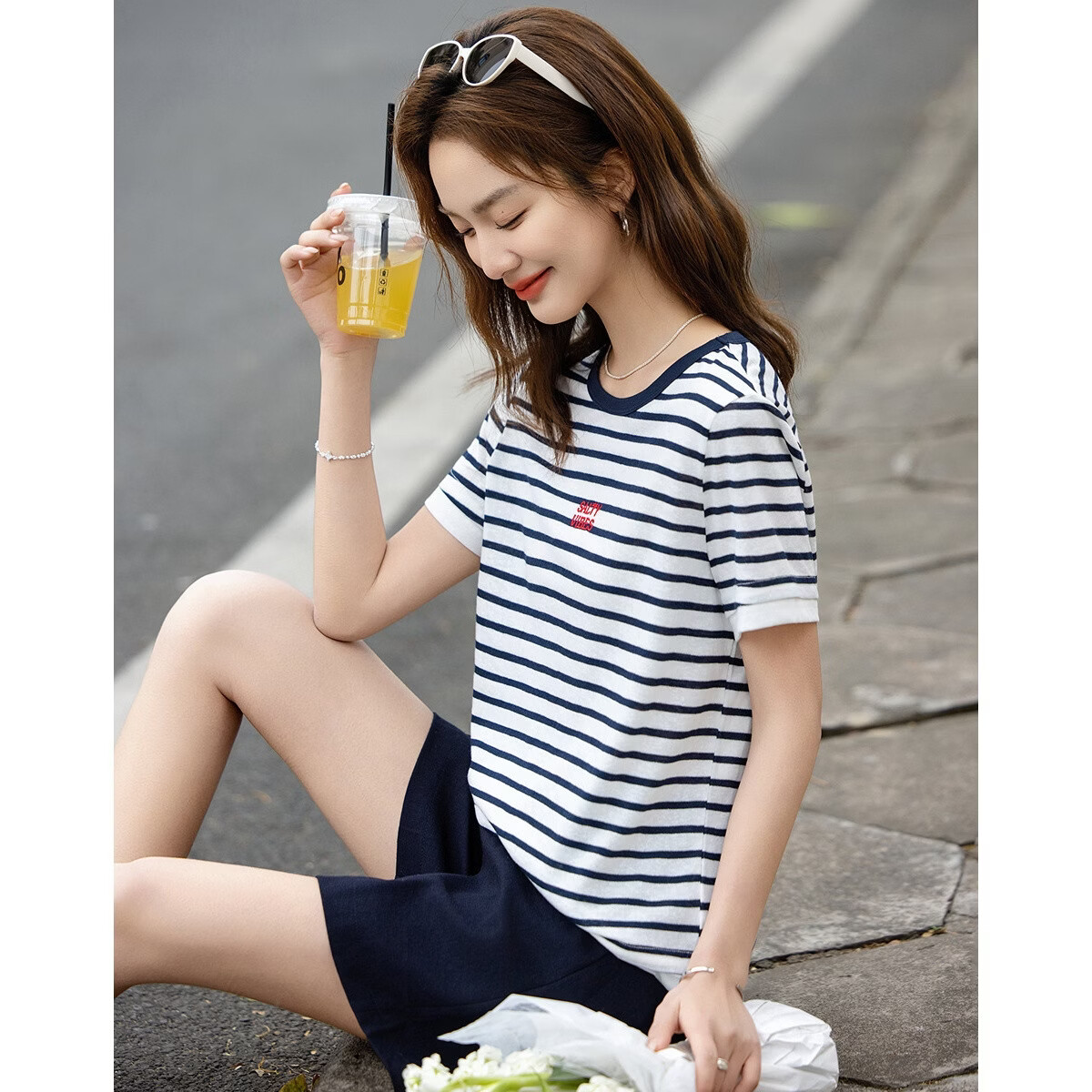 Demana Cloud Cotton Summer Simple Round Neck Striped Letter Embroidered Loose Slimming T-Shirt for Women Premium Feel