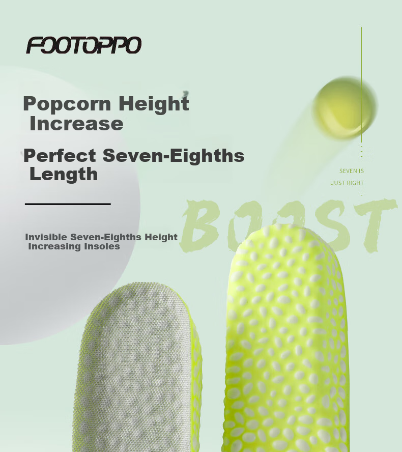 FOOTOPPO Boost Height Increase Insoles for Men and Women, Odor-Resistant, Soft Sole, Comfortable Popcorn High Elastic Shock Absorption Invisible Half Insoles 1