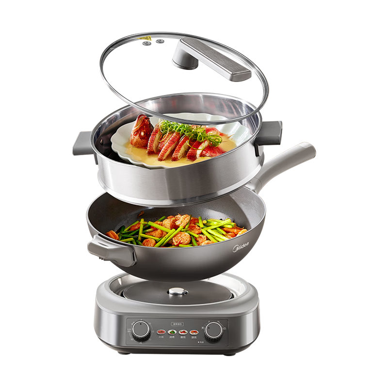 Midea Titanium Ceramic Electric Wok, Electric Steamer Pot, Dormitory Cooking Pot, Specialized for Stir-Frying, Detachable Household Multi-Functional All-In Electric Hot Pot Frying Pan, 5.5L Multi-Purpose Pot HCG3218S with Steamer Basket