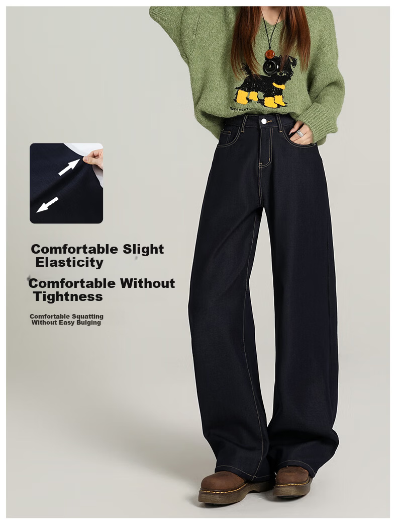 Xueqiman Denim Blue Women's Jeans 2026 Spring New Wrinkle-Resistant Slim Straight High-Waist Wide-Leg Pants 11