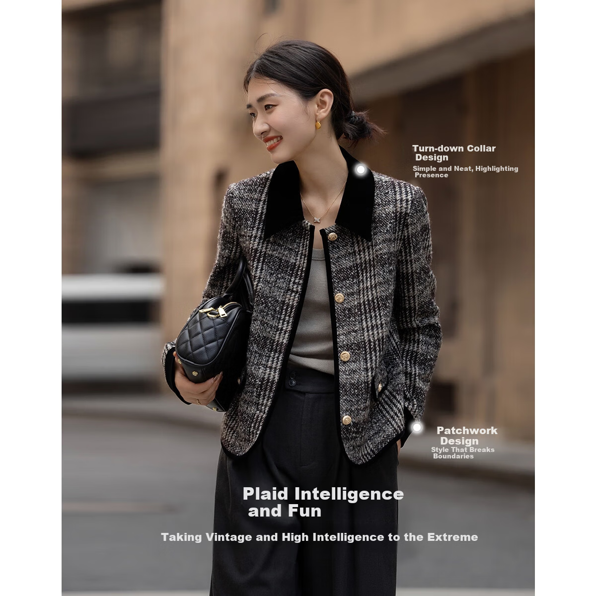 Dme Plaid Smart Fun Winter Wool Blend Vintage Warm Lapel Patchwork Colorblock Loose Women's Coat