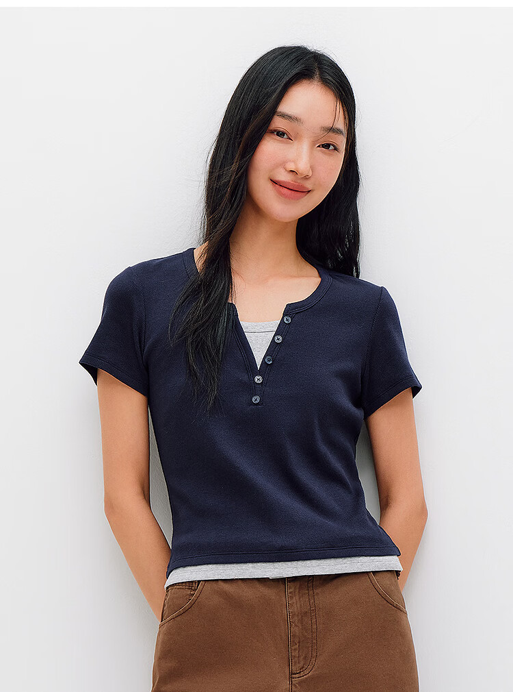 Semir Mall Style | Women's Summer Short Sleeve T-Shirt, Short Colorblock Fake Two-Piece, 2026 Shoulder Top 101326100004 26
