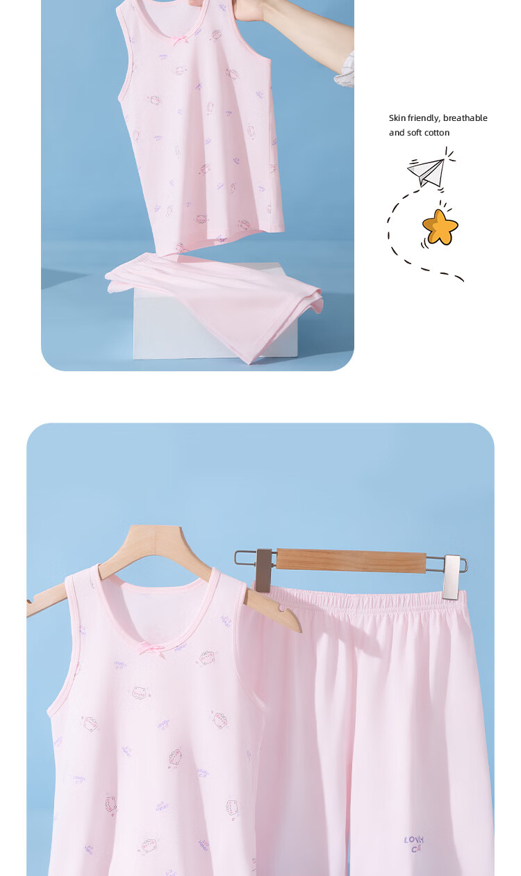 Urban Beauty Children's Summer Cotton Sleeveless Vest and Shorts Pajama Set for Girls, Youth Air-Conditioned Homewear 10