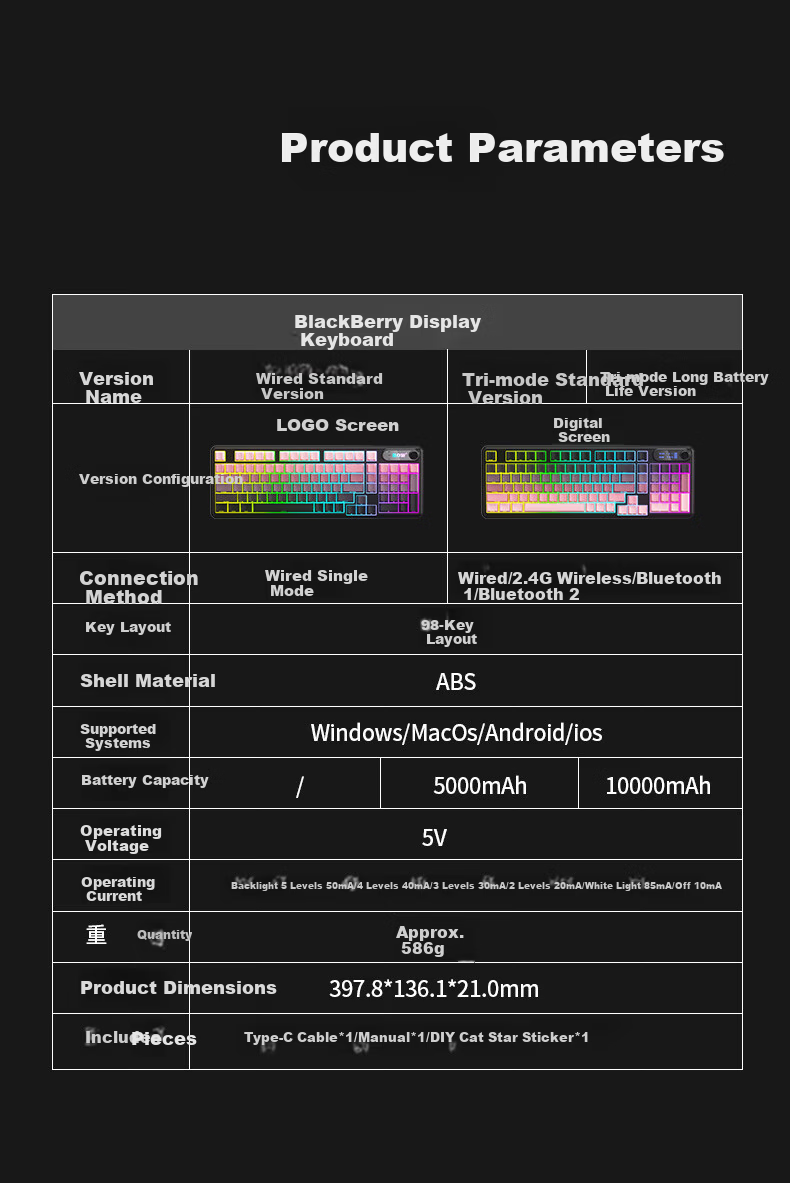 B.O.W Hangshi K980BDL Tri-mode Wireless Bluetooth Keyboard Compatible with Huawei Apple Wired Mechanical Feel Gaming Office Typing Female High Appearance 98 Keys Blackberry Pink 8