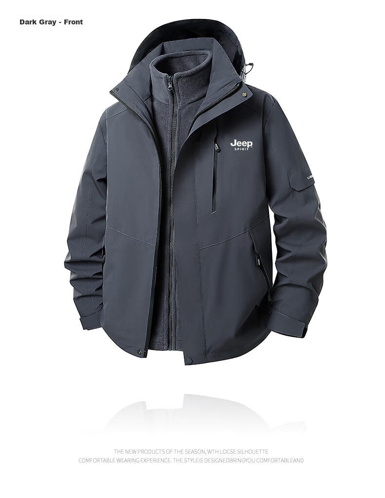 JEEP SPIRIT Men's Outdoor Windproof Hooded Jacket Warm 3-in-1 Coat Black XL 12
