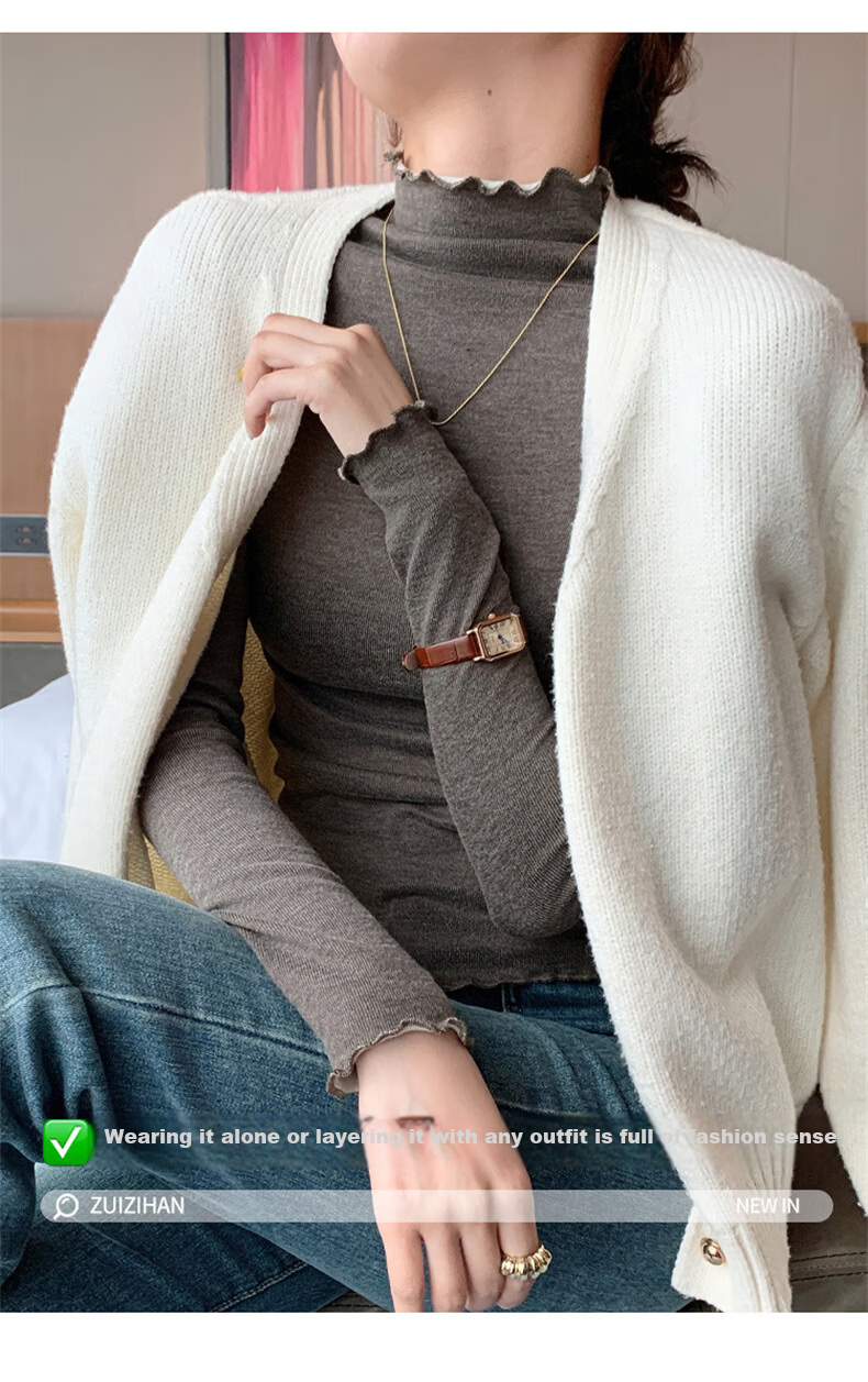 LangSha Ruffled Edge Half Turtleneck Slim Fit Knit Top for Women Spring Autumn New Stylish Outerwear 8