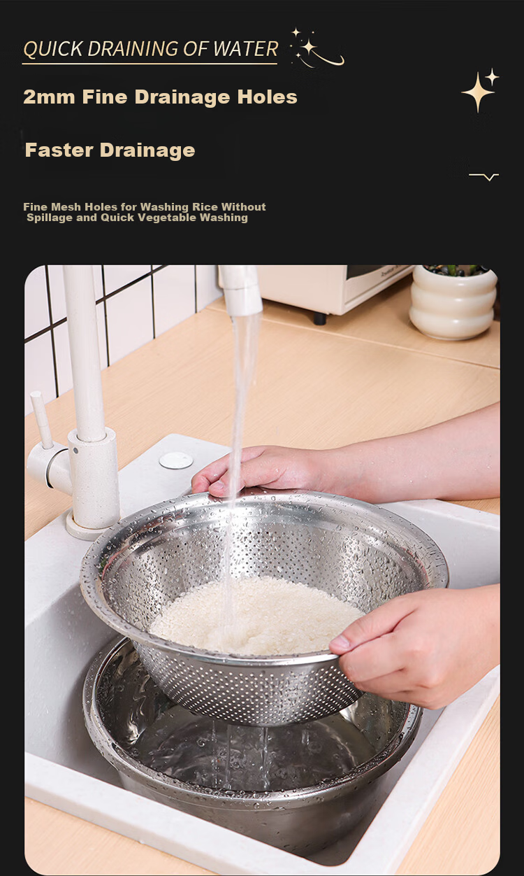 Baijie Stainless Steel Draining Basket Vegetable Washing Basin Rice Washing Basket Kitchen Fruit Basin Large 32cm Set 5