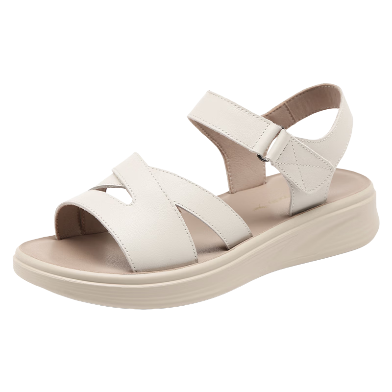 Red Dragonfly Women's Sandals New Cowhide Thick Sole Soft Sole Comfortable Open Toe Casual Mom Shoes WTK264951 Off-White Size 37
