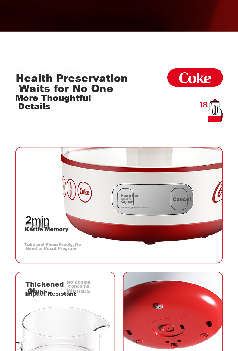 Coca-Cola 1.2L Automatic Health Pot Electric Kettle Tea Maker 24-Hour Constant Temperature Flower Tea Kettle A-YS02GW 18