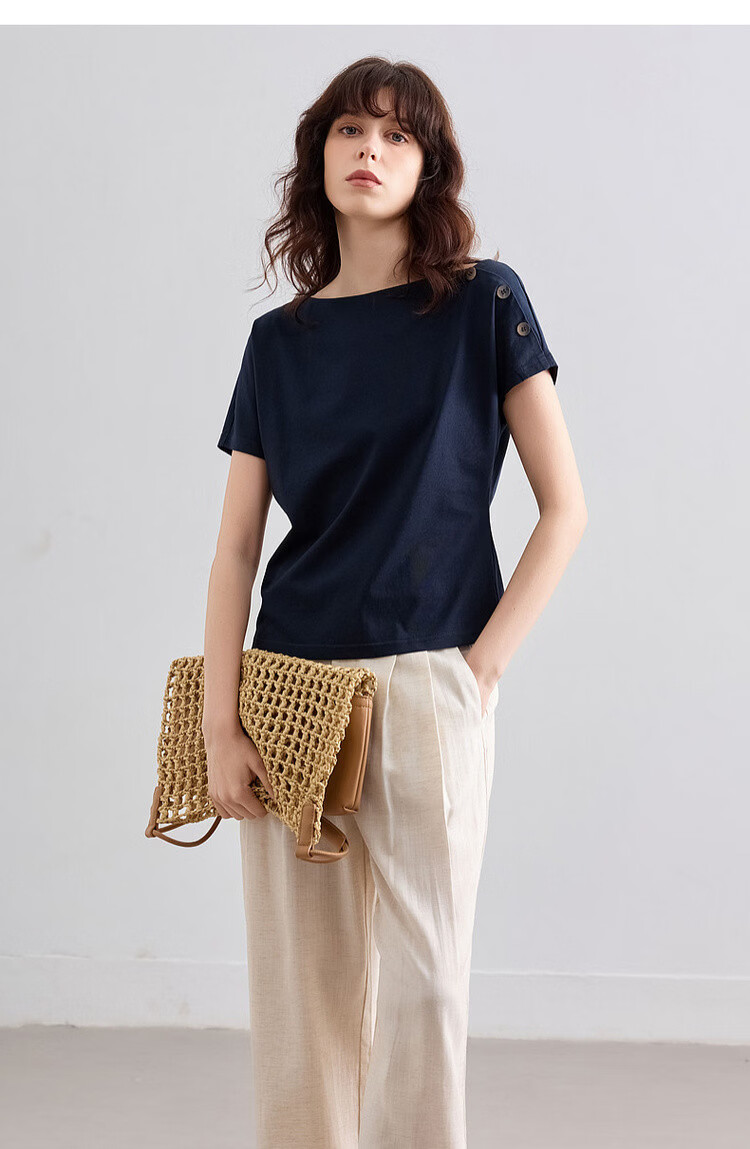 Demana [Cool Sorona] Summer Elegant Off-Shoulder Raglan Sleeve Button Decor Slim Fit Petite Women's T-Shirt 19