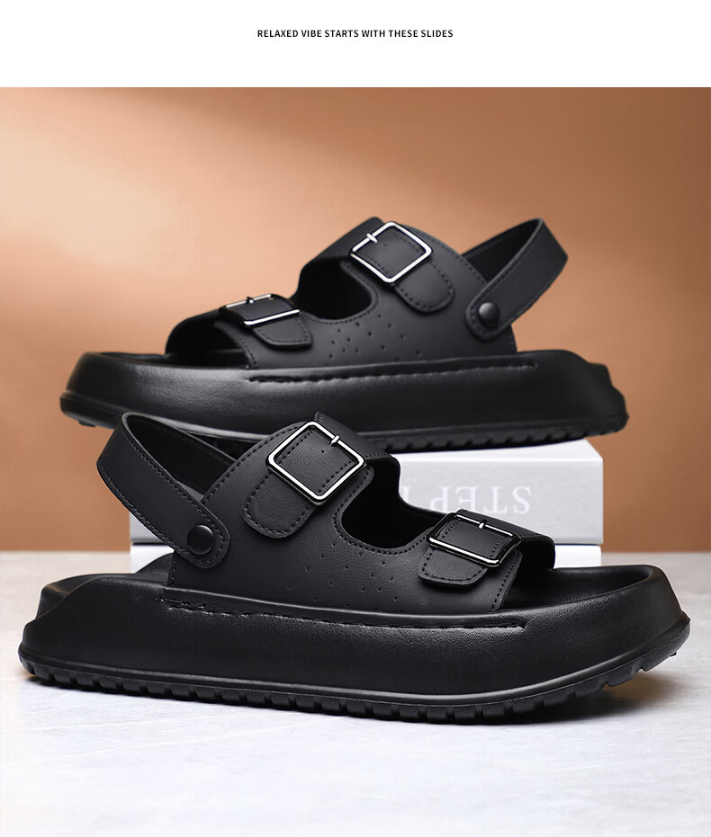 MEXICAN Spring Summer New Men's Leather Sandals Beach Shoes Dual-Wear Slippers Breathable Black Size 39 22