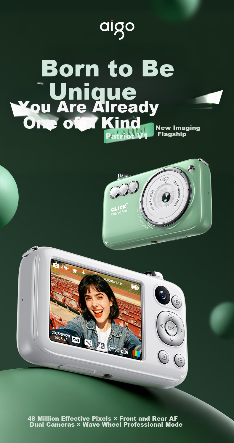 Aigo Patriot V1 New Flagship Dual Camera Selfie Student Digital Camera Birthday Gift for Girls Entry-Level Campus HD Travel Alternative CCD White 64GB 2