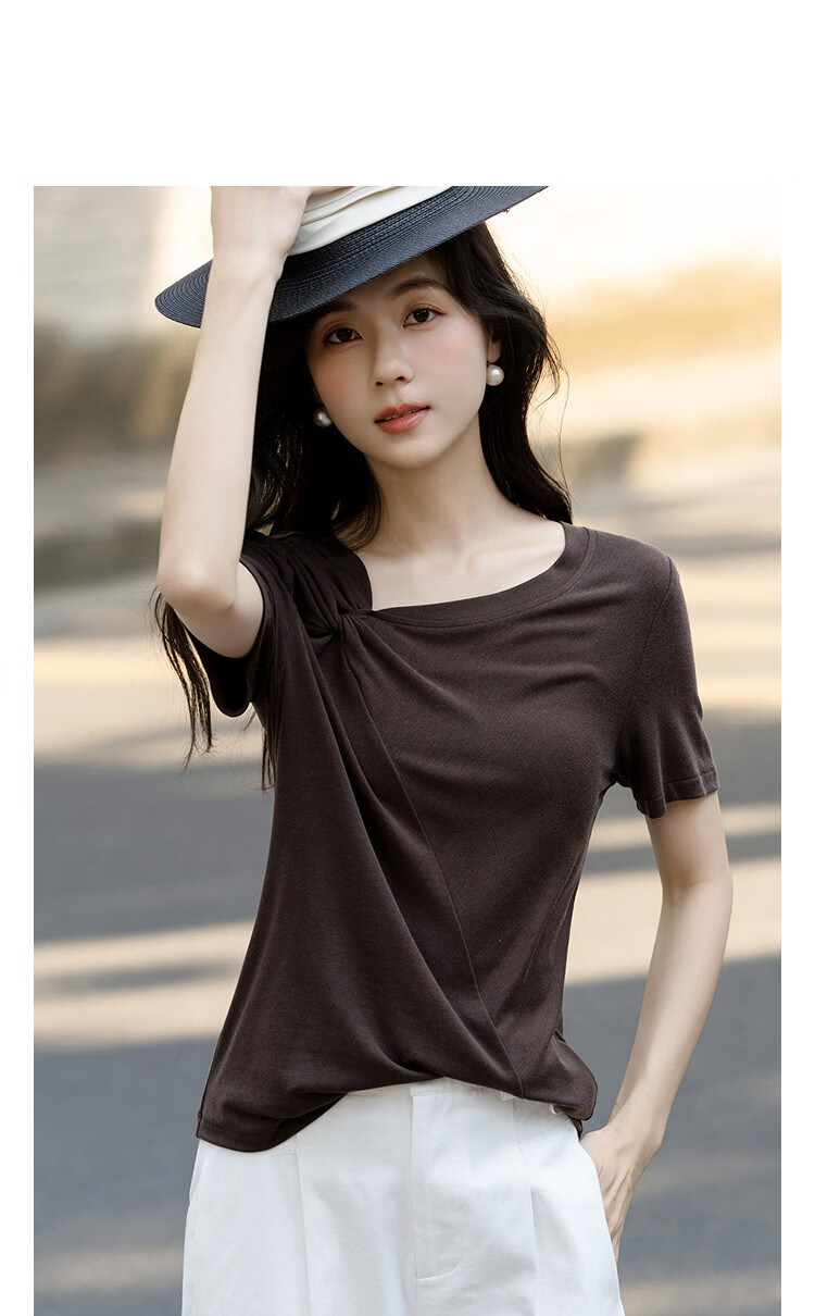 Demana [With Wool and Lyocell] Summer Stylish Twist Slim Fit High Elasticity Short Sleeve Slimming T-Shirt for Women Premium Quality 14