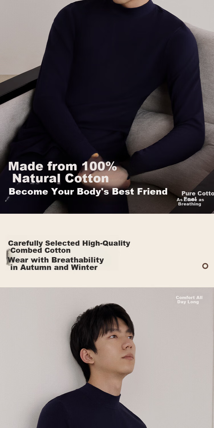 HLA Men's Autumn Cotton 210g 10A Antibacterial Mite-Resistant Thermal Underwear Top with Mid-Neck 2