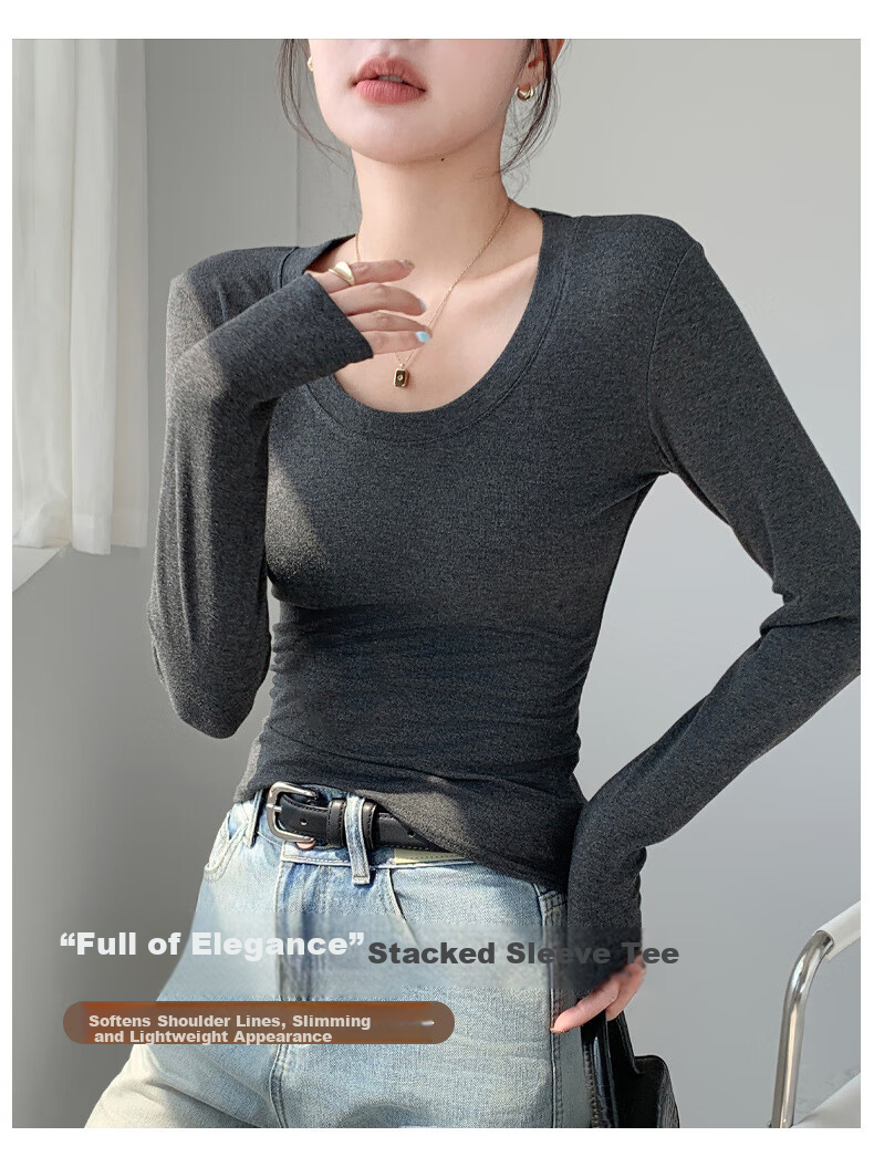 Langsha Women's Round Neck Base Shirt Spring New 2026 Slim Fit Solid Color Long Sleeve T-Shirt Top 6