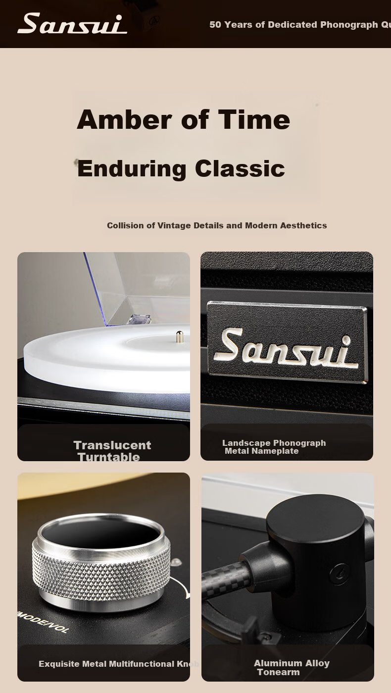 SANSUI Vintage Bluetooth Turntable with Ambient Light, Retro Vinyl Record Player, Integrated Phonograph, Luxury Home Audio Speaker, Birthday and Spring Festival Gift V19 14