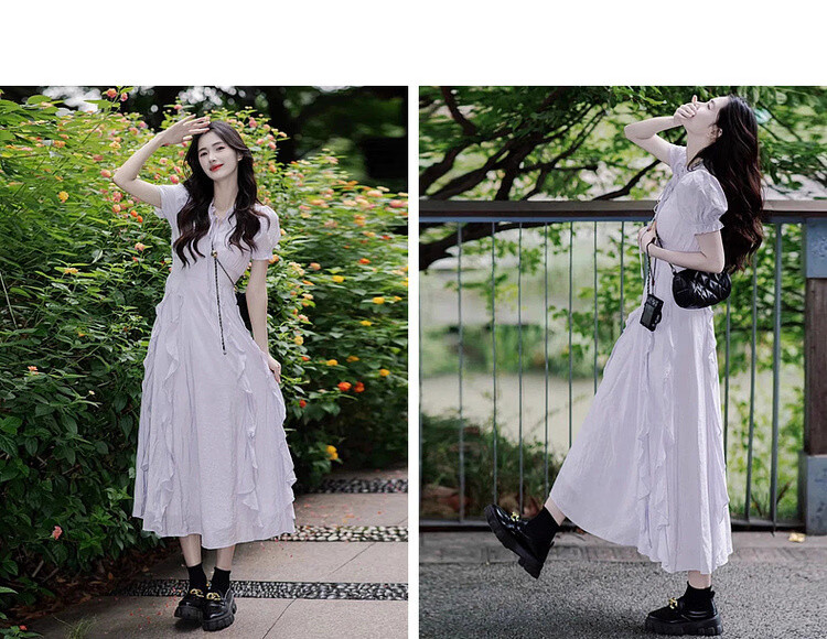 Mt [Early Summer Time] Summer Dopamine Fresh Lace-up V-neck Ruffle Puff Sleeve Waist-cinching Elegant Dress 11