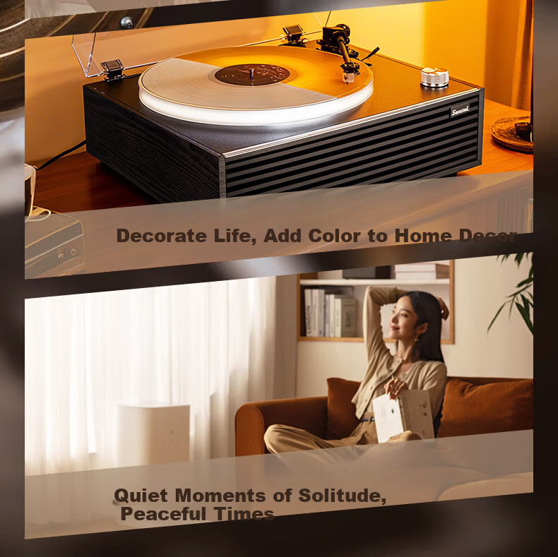SANSUI Vintage Bluetooth Turntable with Ambient Light, Retro Vinyl Record Player, Integrated Phonograph, Luxury Home Audio Speaker, Birthday and Spring Festival Gift V19 4