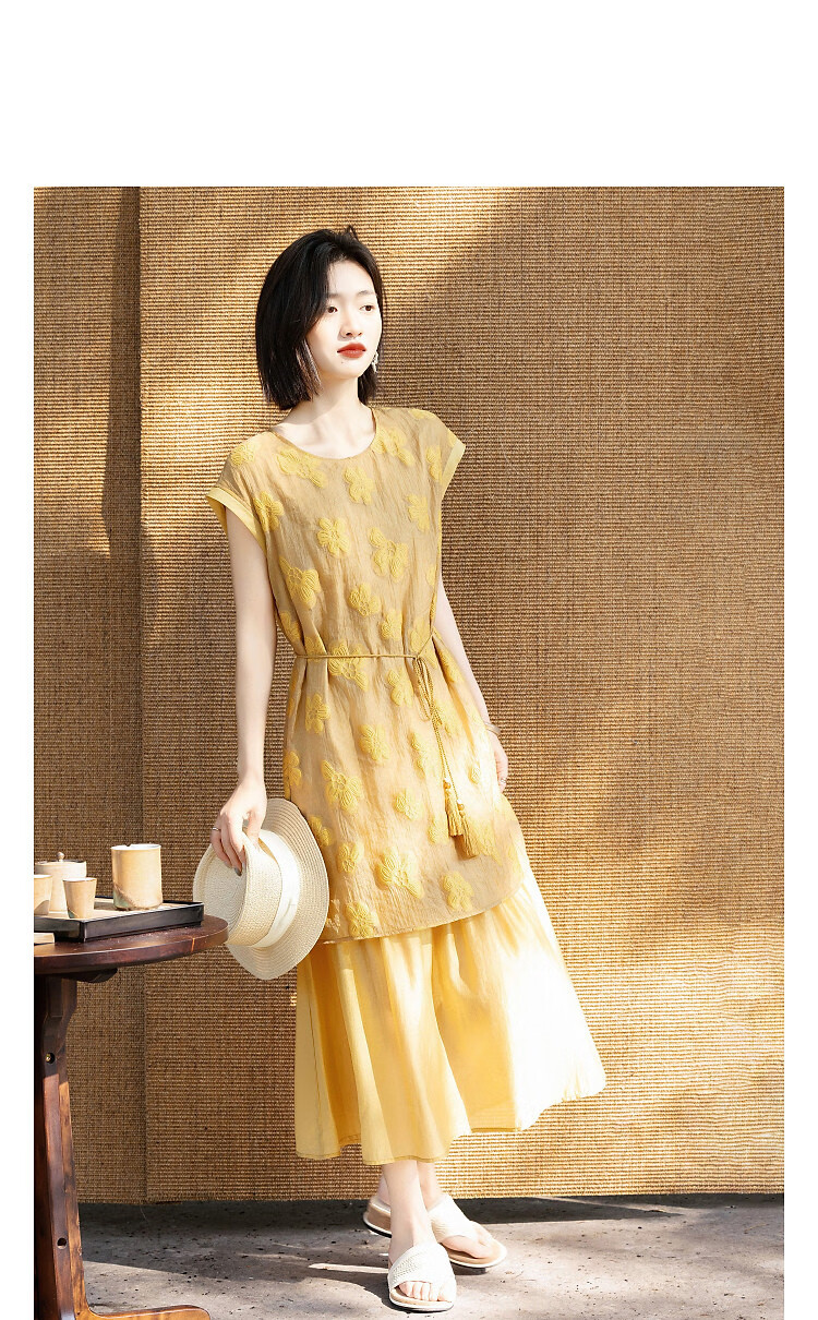 Demana Summer Elegant Floral Texture Tassel Waist Tie Loose Slim Shirt with Lyocell Hem Splicing for Women Premium 8