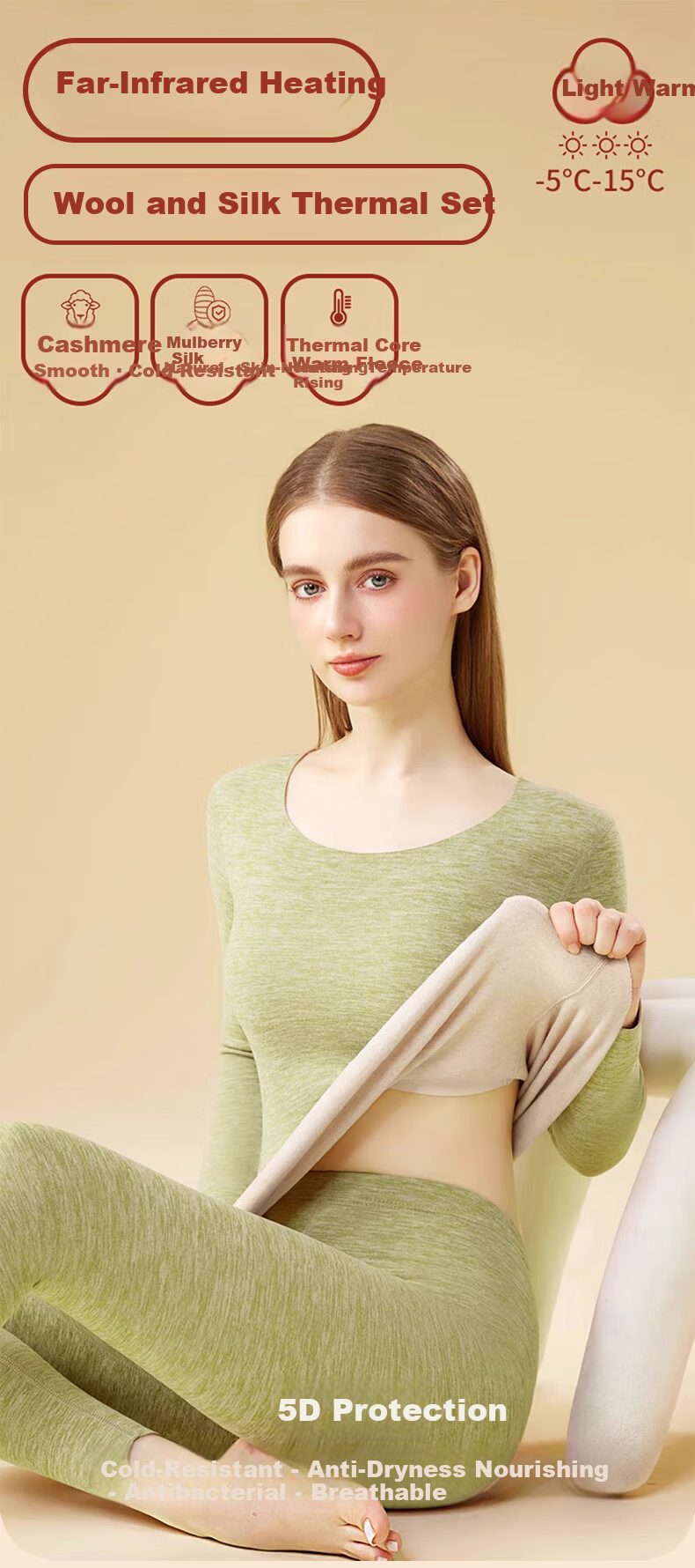 BOPRUIEY Women's Thermal Underwear Set Cashmere Silk Antibacterial Heating Round Neck Thin Fleece Base Layer Autumn Top and Bottom Set 1