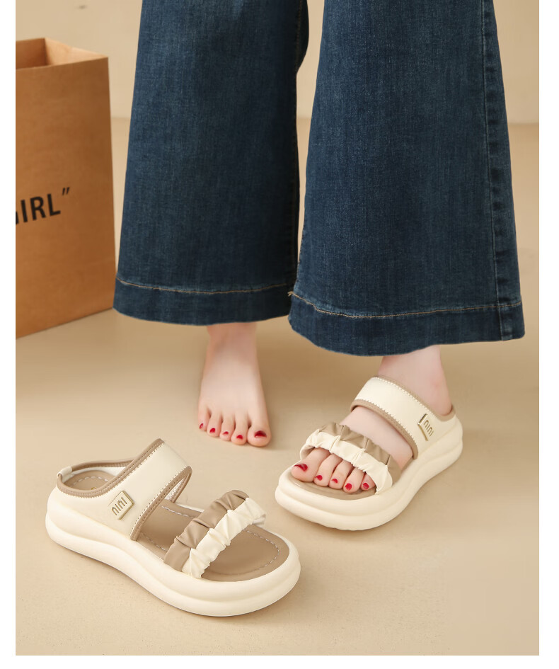 CARTELO Women's Casual Shoes Summer New Fashion Pleated Thick Sole Soft Sole Beach Sandals for Women 1810 Beige Size 36 9