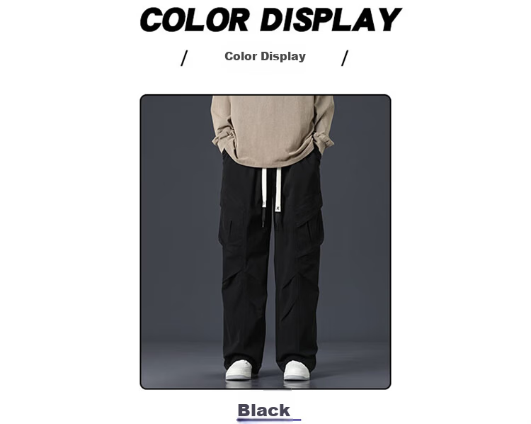 I'M DAVID Men's Khaki American Casual Work Pants Spring Autumn Straight Loose Wide-Leg Long Pants Black XL 5