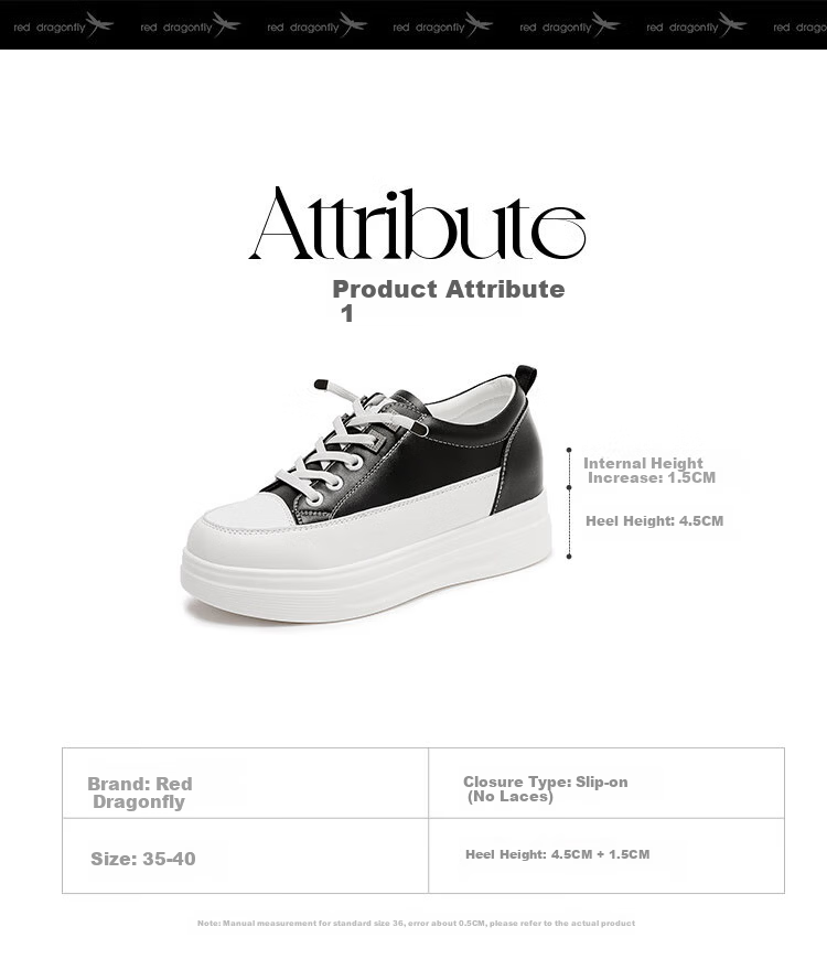 RED DRAGONFLY Women's Thick Sole Height Increasing Elastic Band Casual White Sneakers WPB34003 White Black Size 39 5